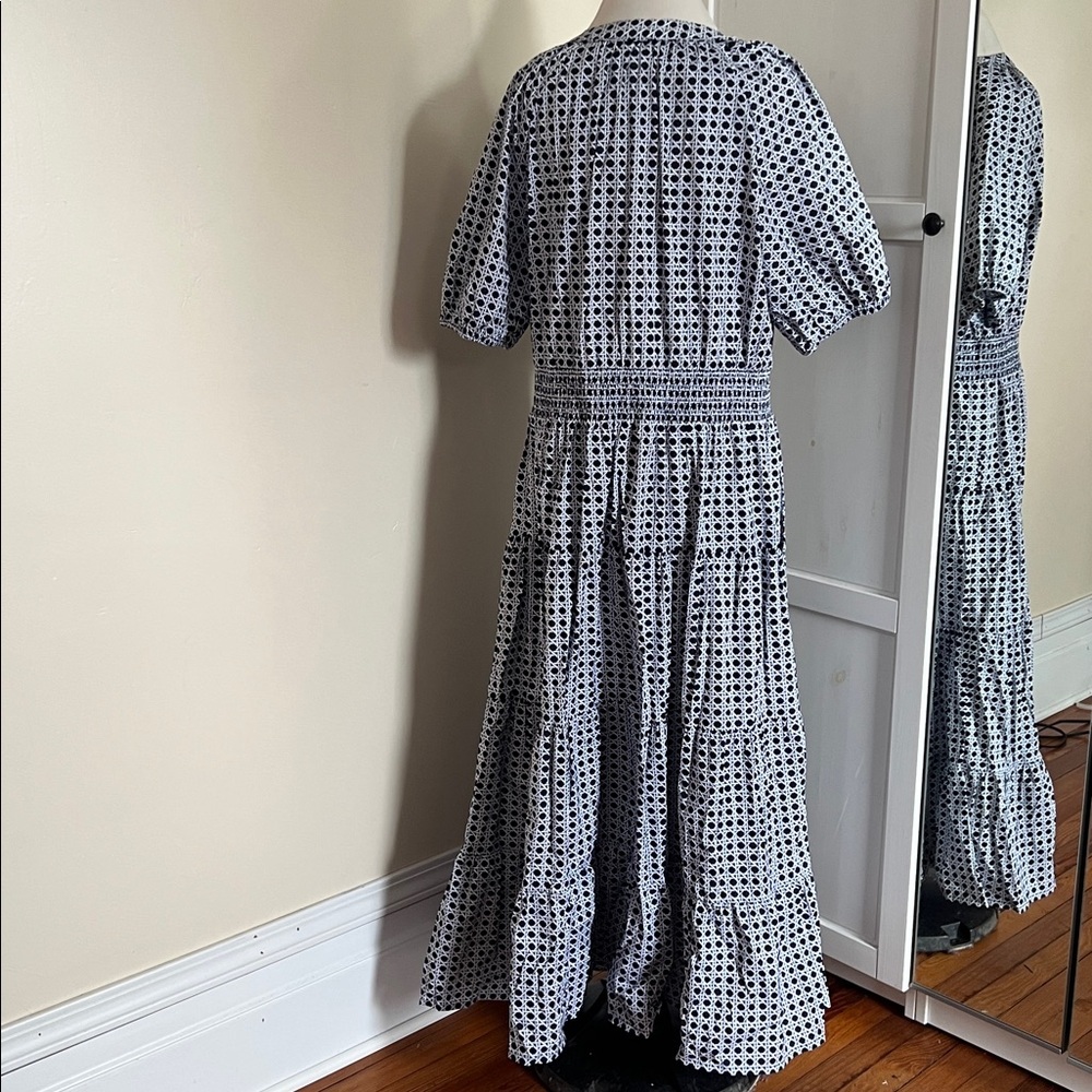 Chico’s Poplin Basket Weave Maxi Dress Smocked Tassel Blue White Chicos Size 3 - Picture 10 of 13
